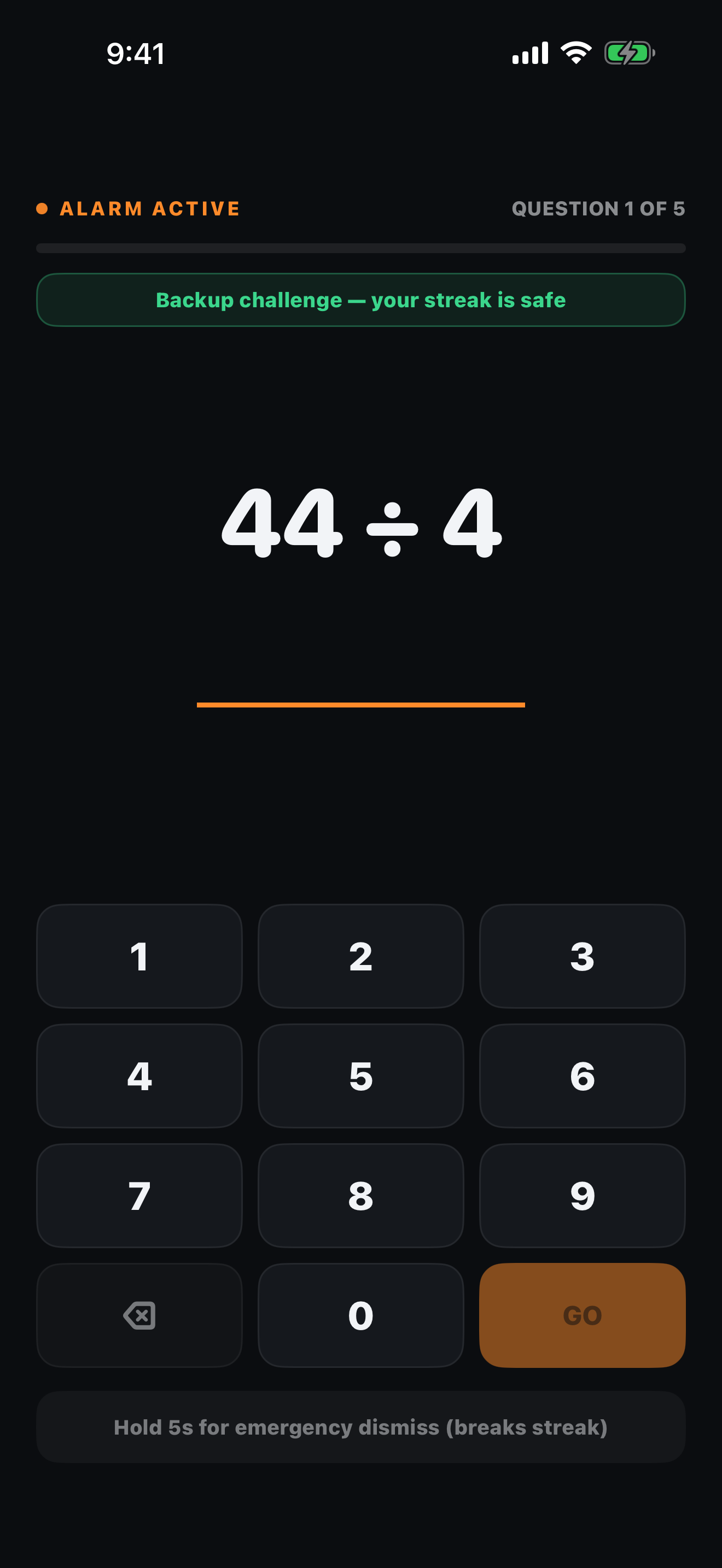 Math alarm clock challenge — solve to dismiss, with the backup keeping your streak safe