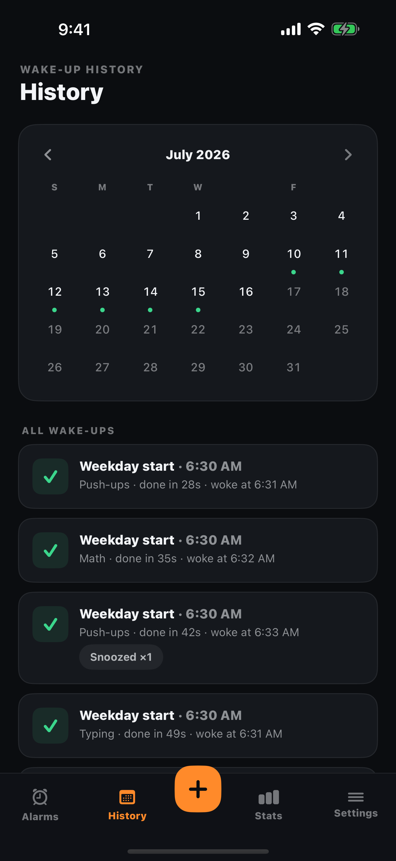 Wake-up history calendar