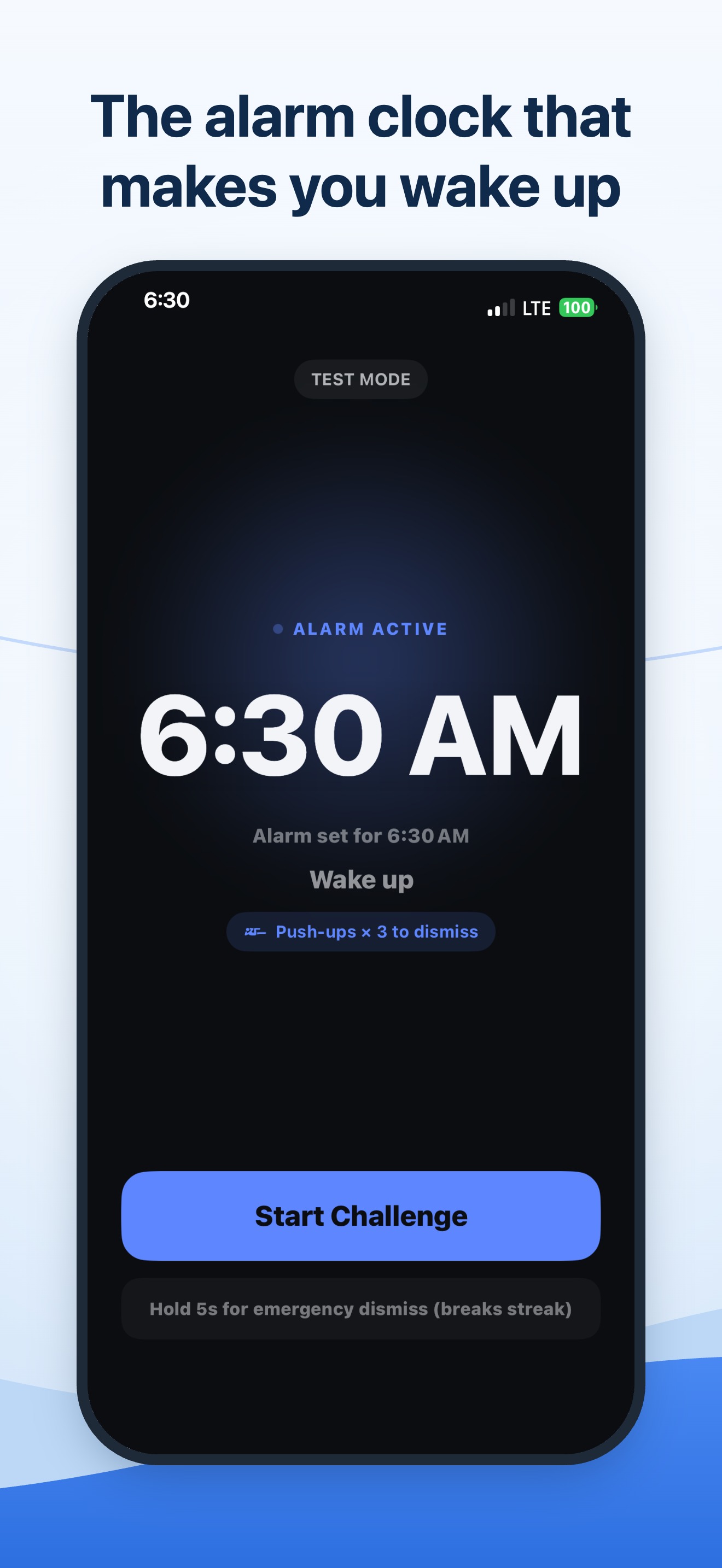 Alarm ringing at 6:30 AM with a Start Challenge button
