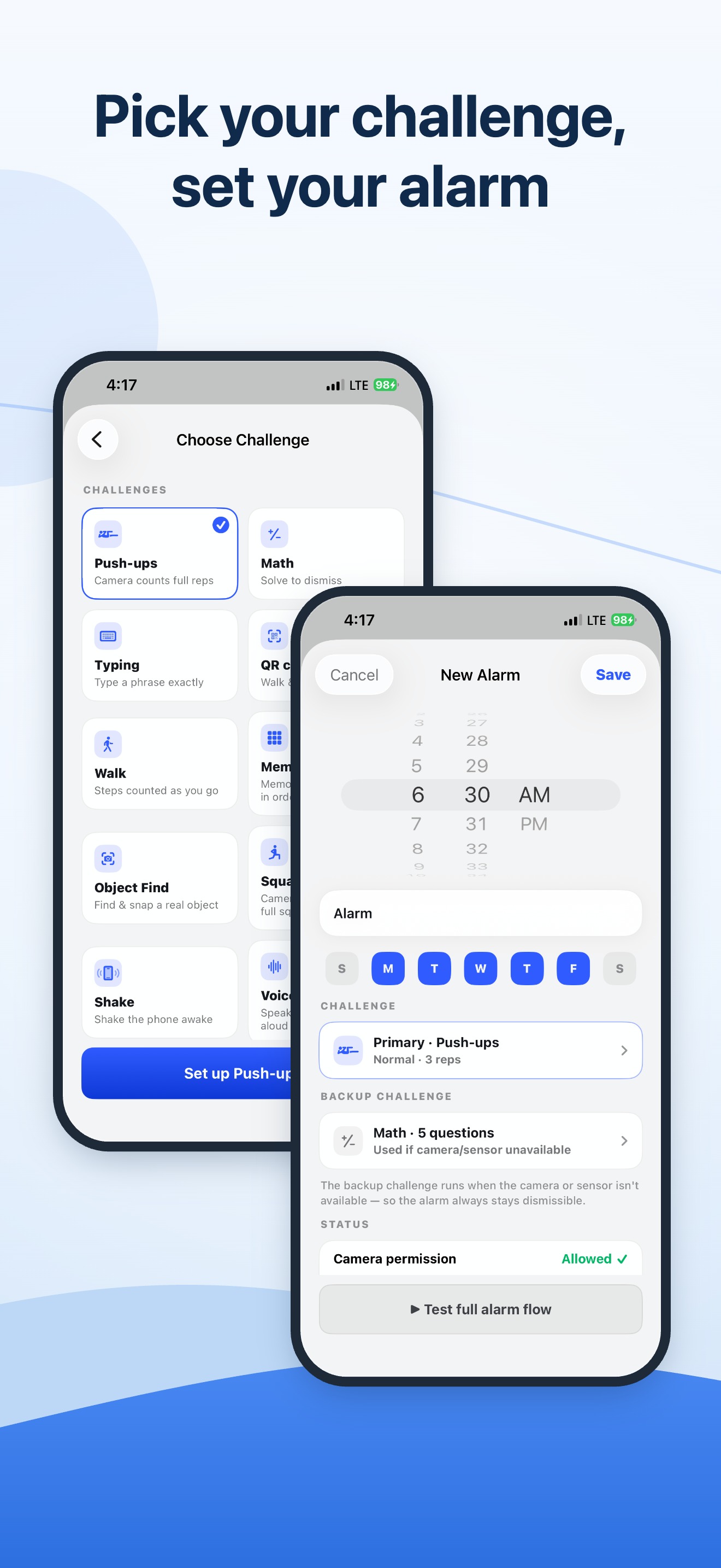 Choosing a wake-up challenge and setting an alarm with a backup