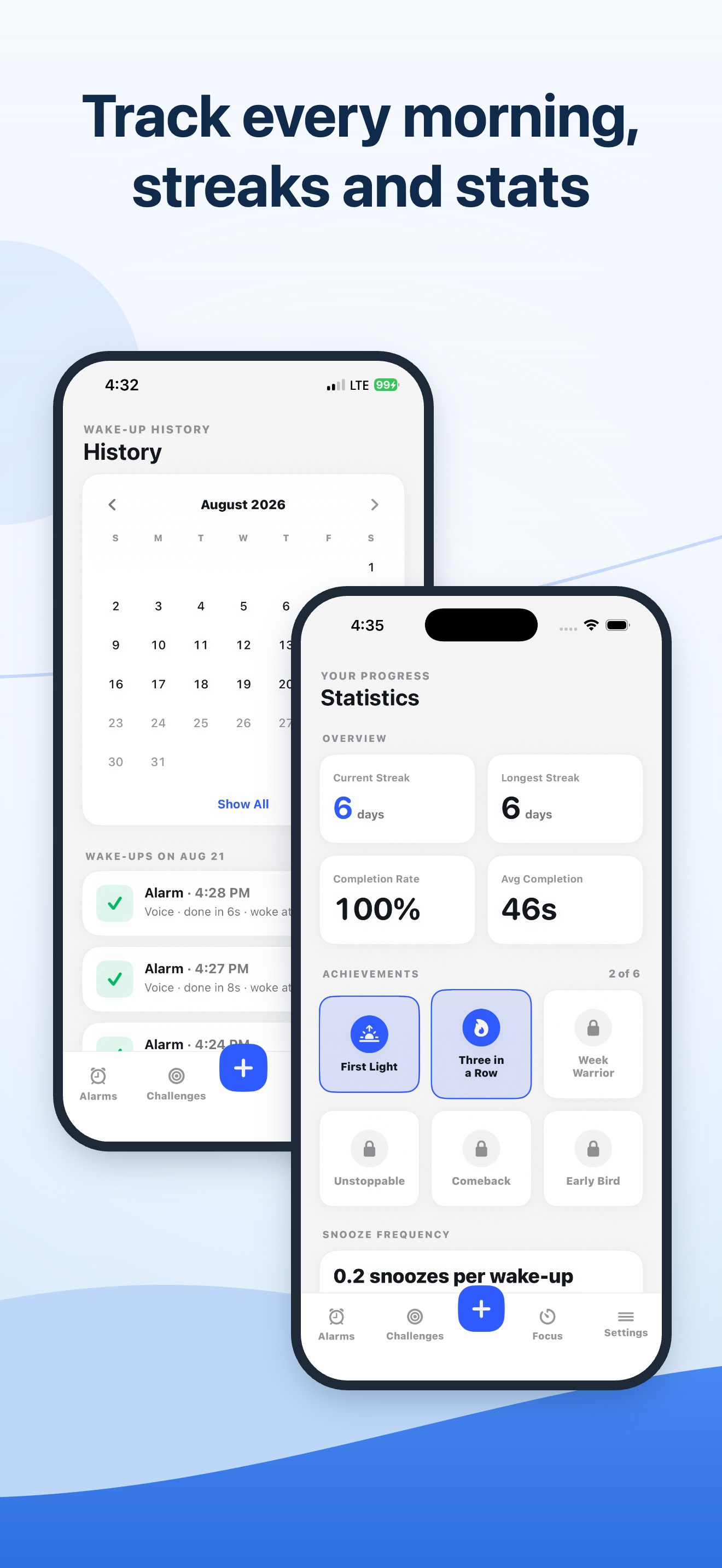 Wake-up history calendar plus streaks and statistics