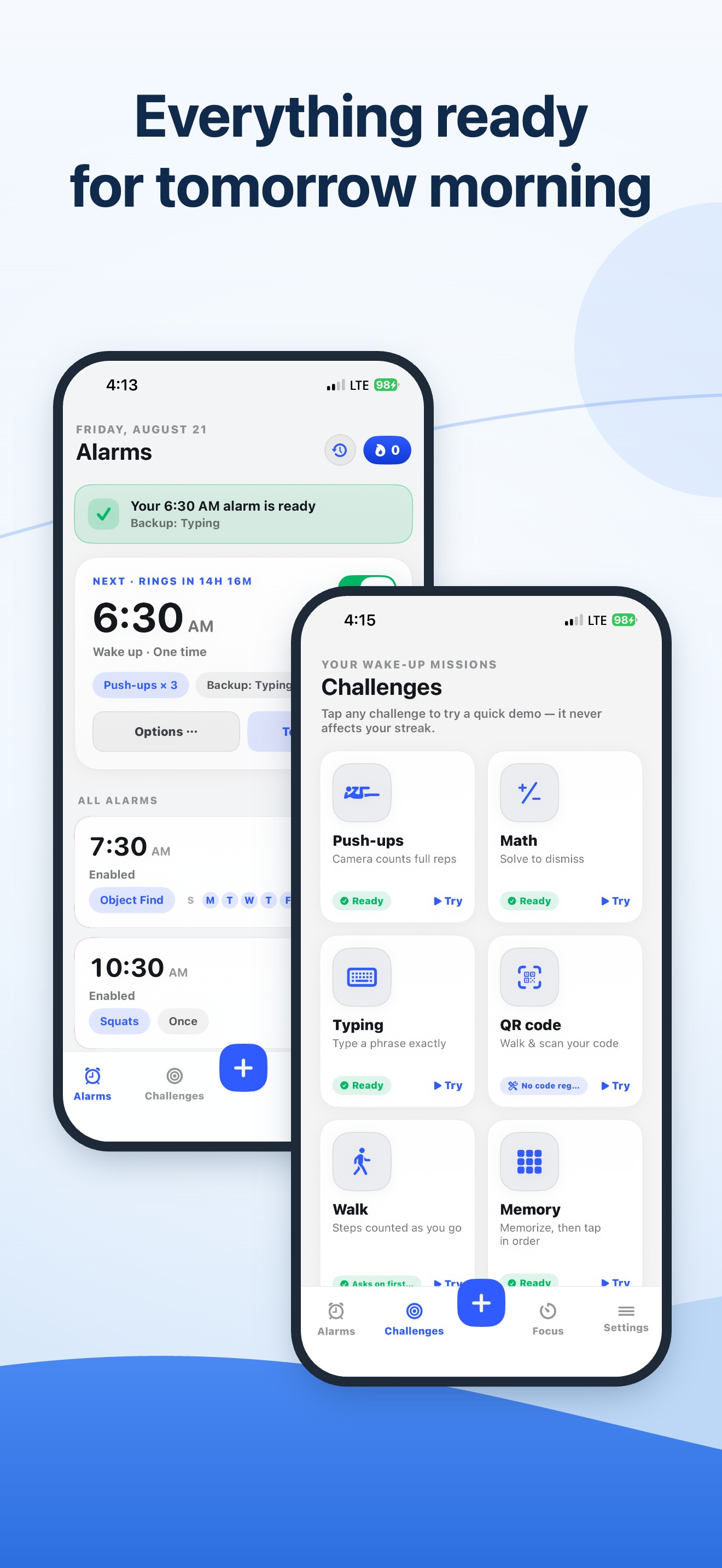 Home screen with your next alarm ready and the challenges tab